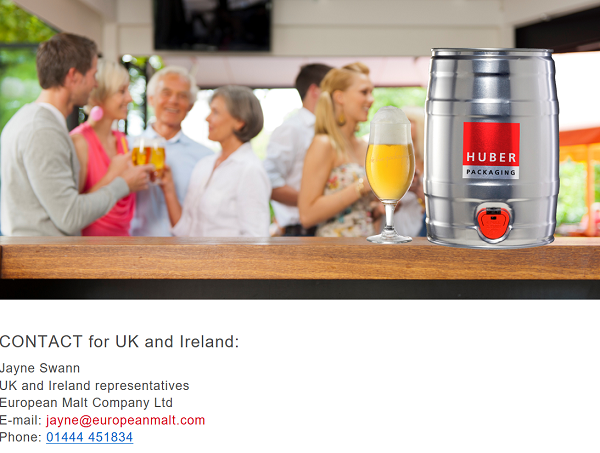 Huber Packaging UK Ireland contact Jayne Swann Mini Keg European Malt 600